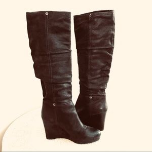 Prada Slouchy Leather Wedge/Platform Brown Knee High Heeled Boots